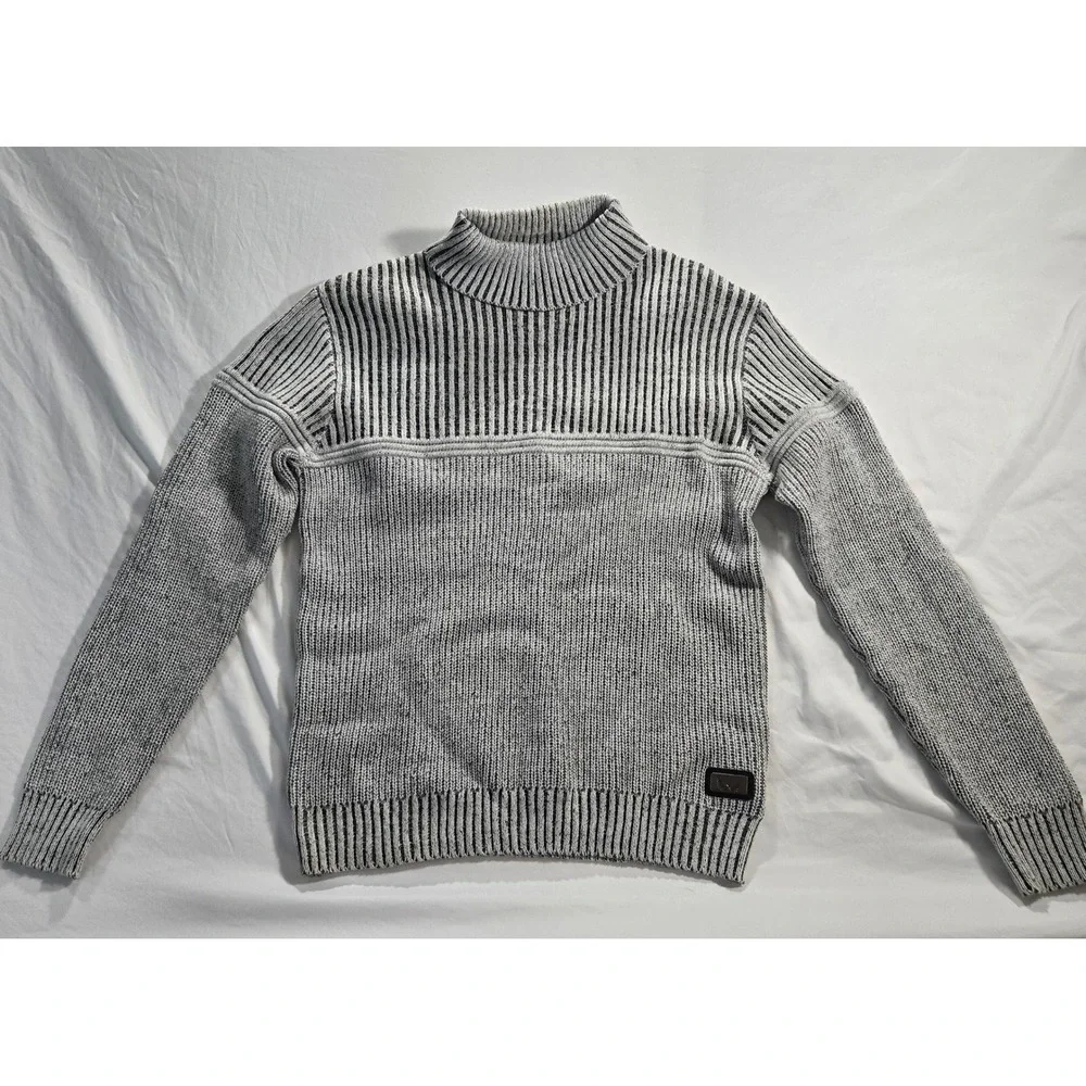 Nick Danger Mens Sweater XL Heather Grey Black Stripe Ribbed Mock Neck Knit